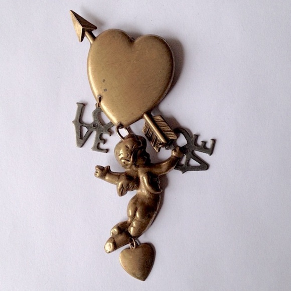 ♥️Vintage love heart Cupid pendant pin Valentines cherub arrows LOVE